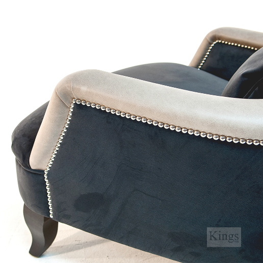 John Sankey Alphonse Chair in Block Velvet Seal Fabric with Leather Arm and Back Border and Chrome Studs Details
